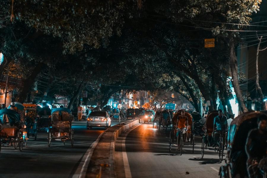 Stree curving under trees at night with cars and bicyle carts