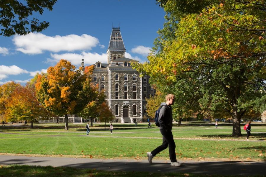 Stone building on a college campus, seen from across a green lawn