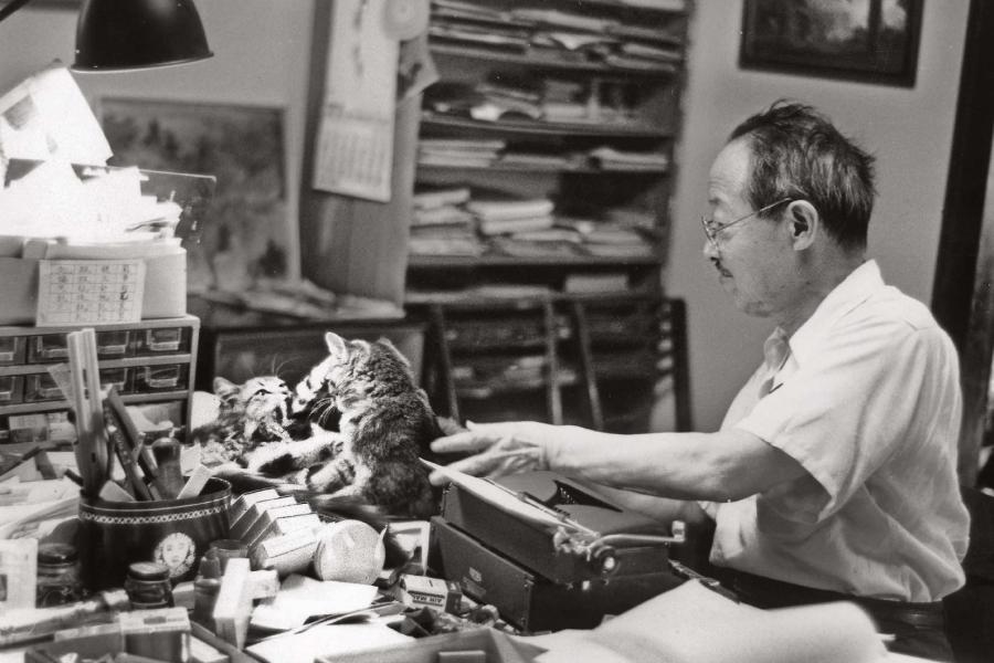 person sitting at desk with papers and a cat