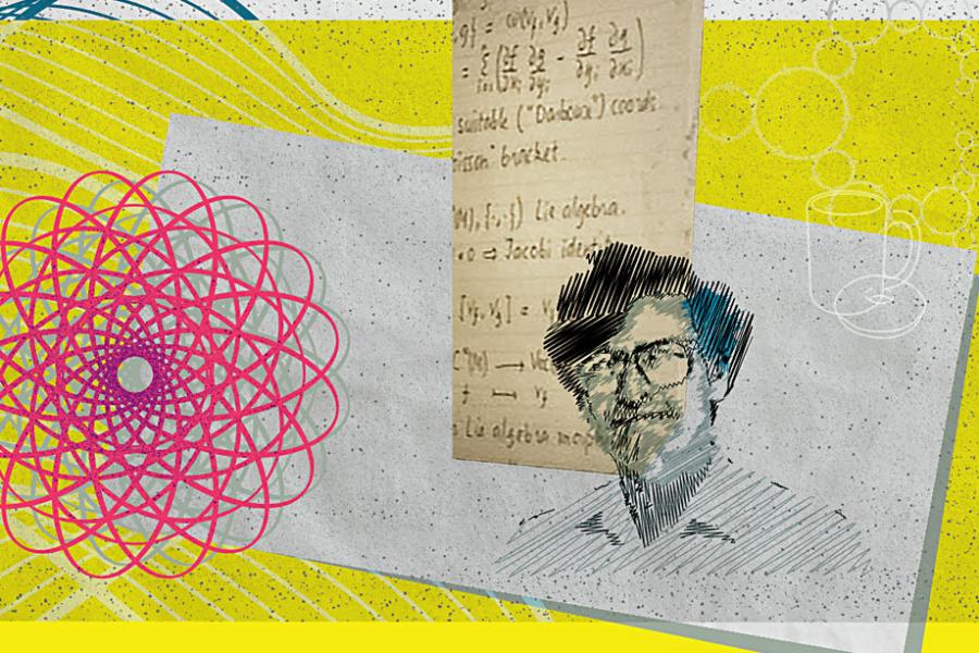 Illustration featuring algebraic topology imagery on a yellow background, a sketch of Bill Thurston's headshot, and a paper with mathematical equations.