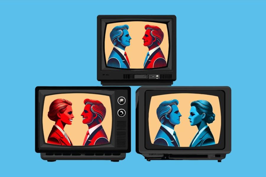 Illustration of three television sets, each with a pair of people showing on the screen