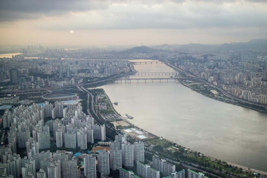 A wide river running through a city