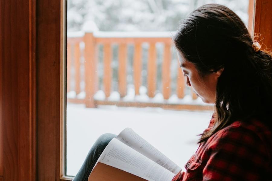 Person sitting near a window, reading a book. There is snow outside