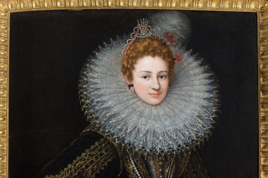 A painted portrait, from the 17th century, of a confident looking woman wearing an elaborate ruff and dark colored gown