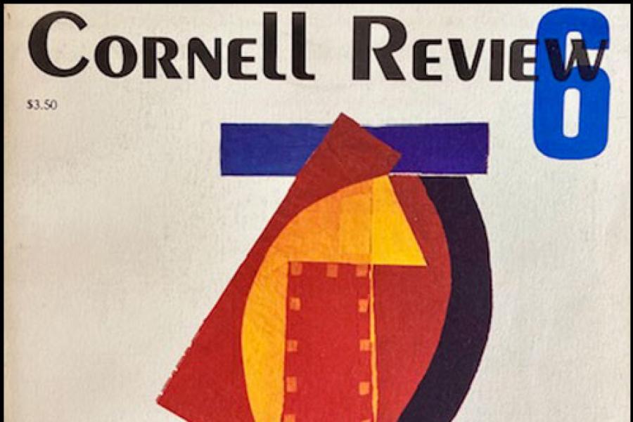 Magazine cover, "Cornell Review," bearing an abstract design in red, blue and yellow
