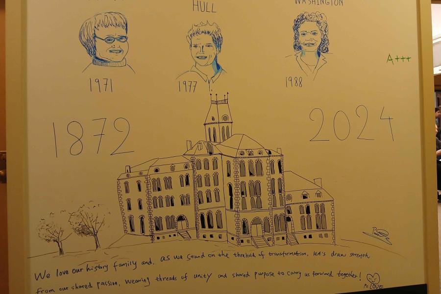 Wall art showing the faces of Mary Beth Norton, Isabel Hull and Margaret Washington above a drawing of McGraw Hall.