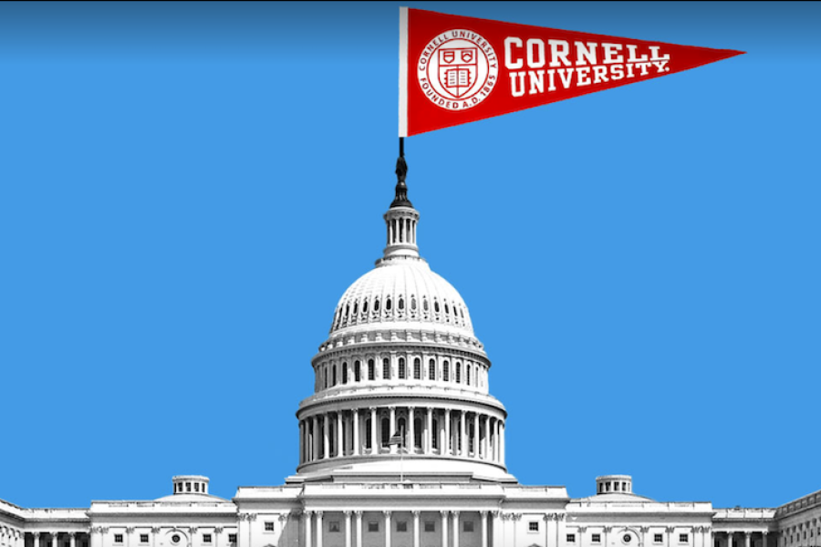 Photo illustration of the U.S. Capital Building topped by a Cornell flag