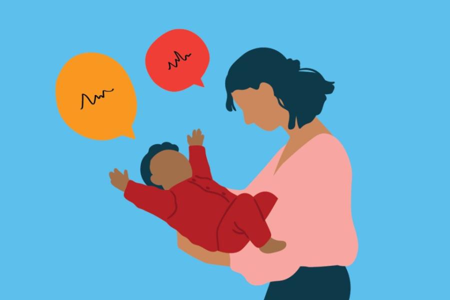 Illustration of an adult holding a baby, both with speech balloons