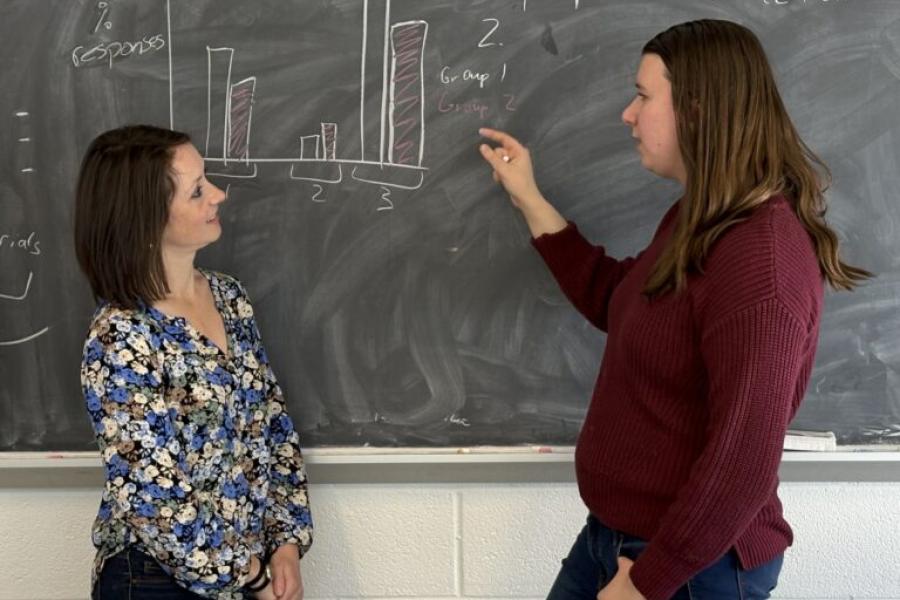 Two people standing at a chalk board, talking about a graphic