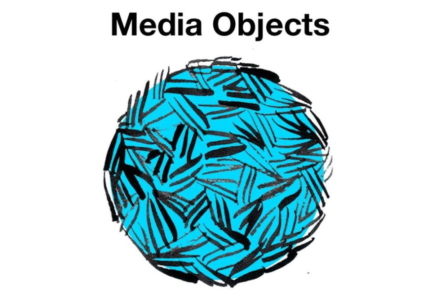 promotional poster showing a blue ball marked with black cross-hatches and the words "Media Objects