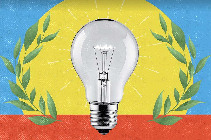 Illustration of a light bulb against a yellow, blue and red background