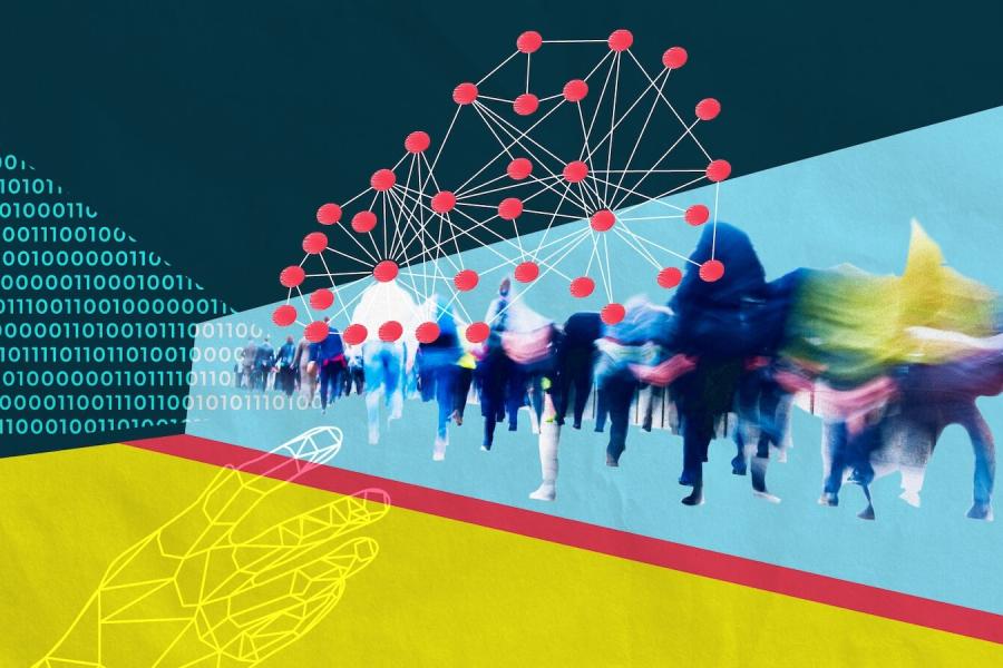 Illustration showing a crowd of people, a network of dots and lines, and some binary code