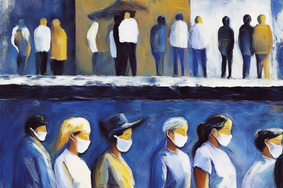 Painting in blues and oranges, showing people standing in lines, wearing medical masks