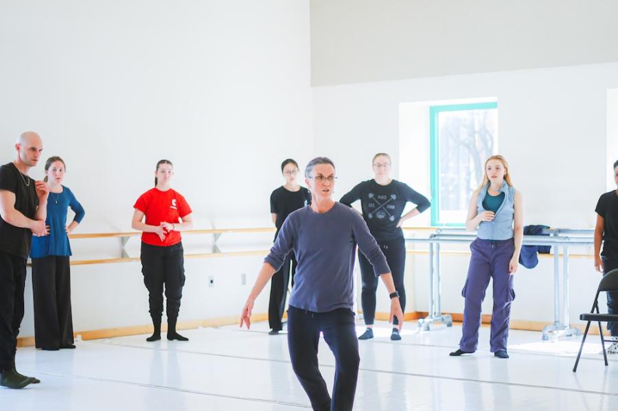 Several people watch a dance teacher demonstrating a plié move