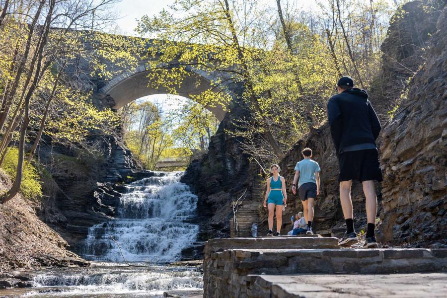 Visitors enjoy the Cascadilla Creek gorge trail on a warm spring morning. Visitors enjoy the Cascadilla Creek gorge trail on a warm spring morning.