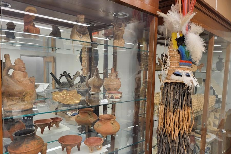 Glass shelves in wooden cases holding pieces of pottery