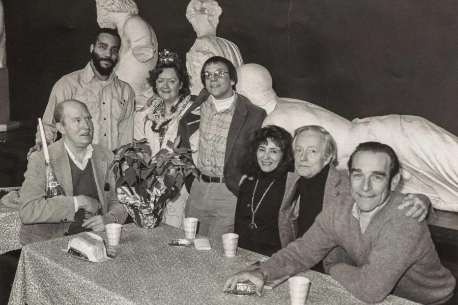 Temple of Zeus party for Zeus manager, Lydia Dutton; Pictured left to right: A.R. Ammons, Cecil Giscombe, Lydia Dutton, David Burak, Phyllis Janowitz, James McConkey, and Tony Caputi