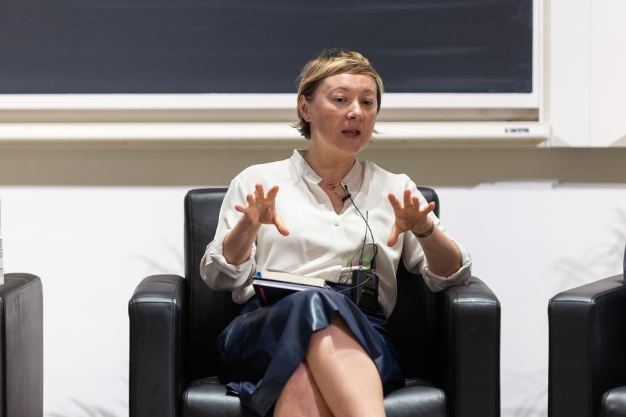 Valzhyna Mort during the Dissident Writers panel in April 2024. Valzhyna Mort talking during a public event.