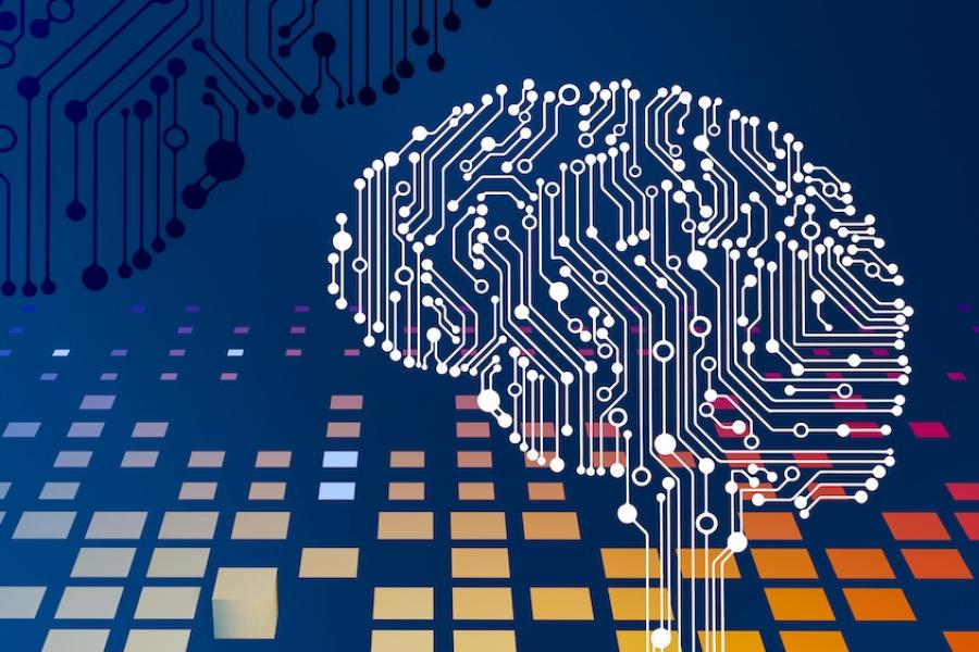 Illustration showing an outline of a brain in white electronic-looking wiring