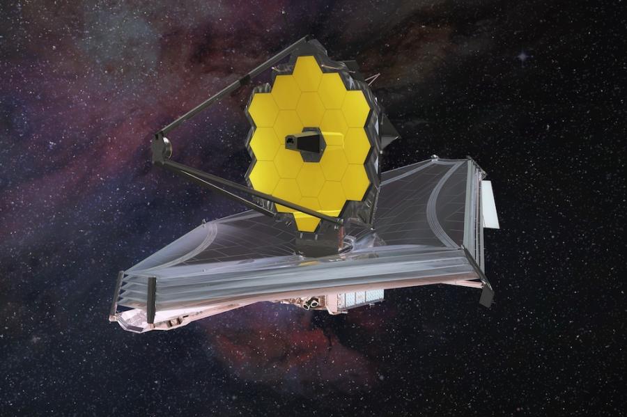 A telescope in space: topped by a circular yellow mirror, the object is boat-shaped, with a background of stars