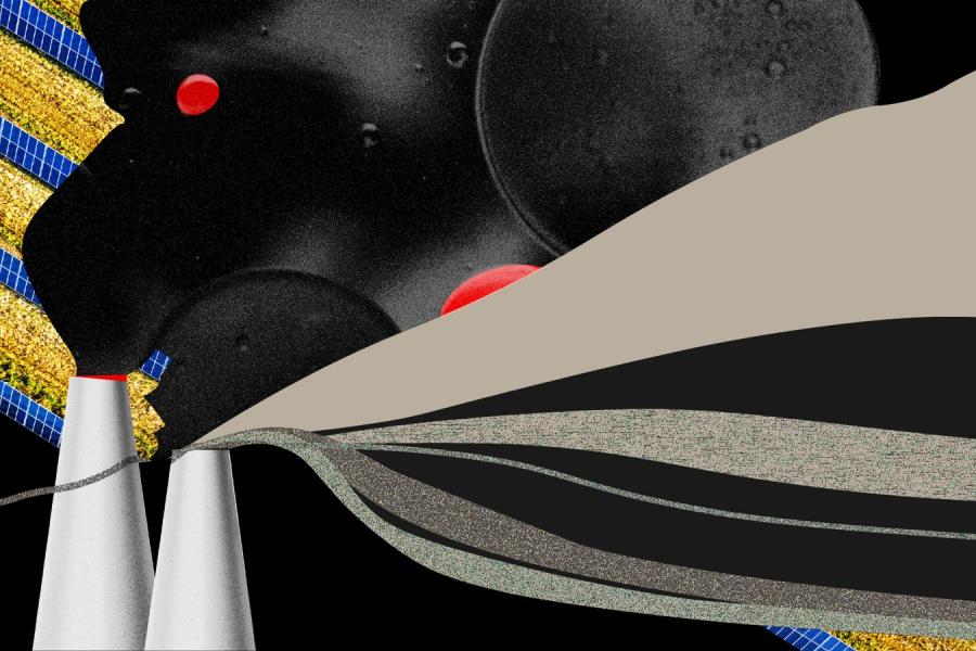 Abstract illustration featuring solar panels, smoke, water, and chart flows, primarily monochrome with yellow, blue, and red accents