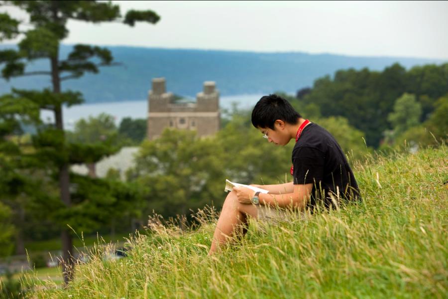 Person sitting in tall grass on a hilside, reading a book