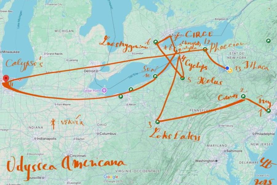 Odyssea Americana map A map of the eastern American midwest and New York, with orange handwriting on it