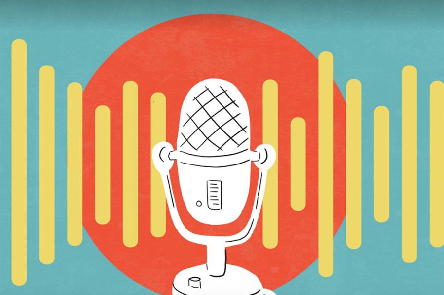 Illustration of a free-standing microphone surrounded by yellow lines and a red circle