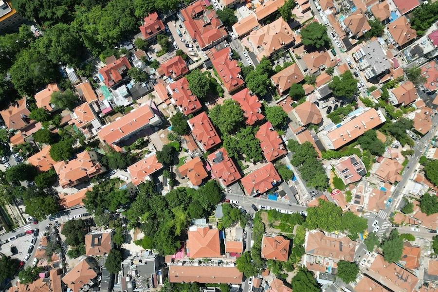Houses in a neighborhood, seen from above