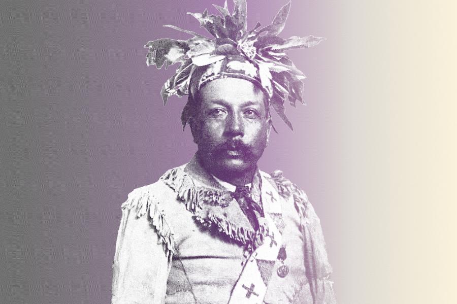 Stylized image featuring a photograph of a person wearing a beaded sash and a headpiece made of leaves