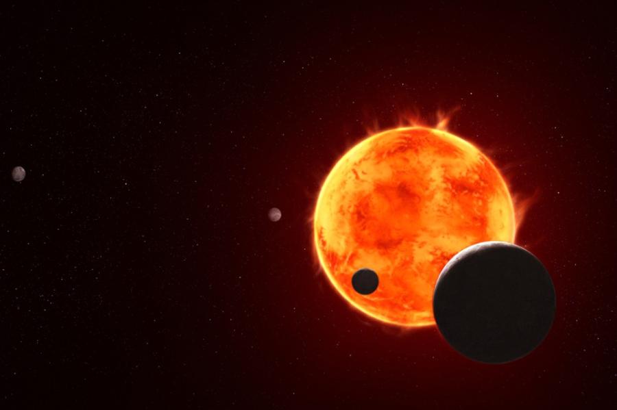 An orange-yellow sun with spheres of exoplanets silhouetted against it.