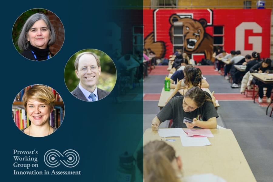 promotional image showing three faculty head shots and a picture of students taking an exam in a very large hall