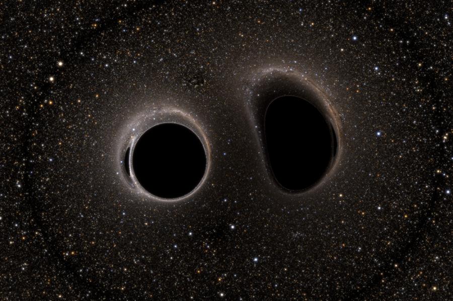two black holes approach each other with a dark background of space