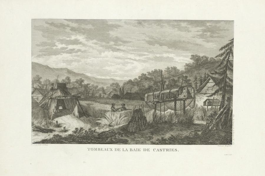 “Tombeaux de la Baie de Castries" Historical wood cut showing two figures walking through a field of grain with rudimentary buildings nearby