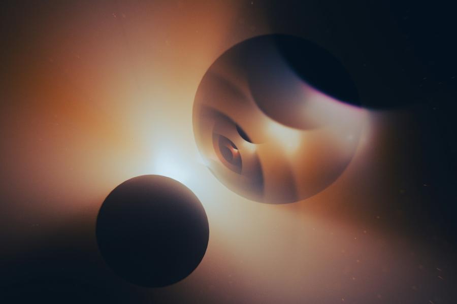 Three spheres near each other, light between