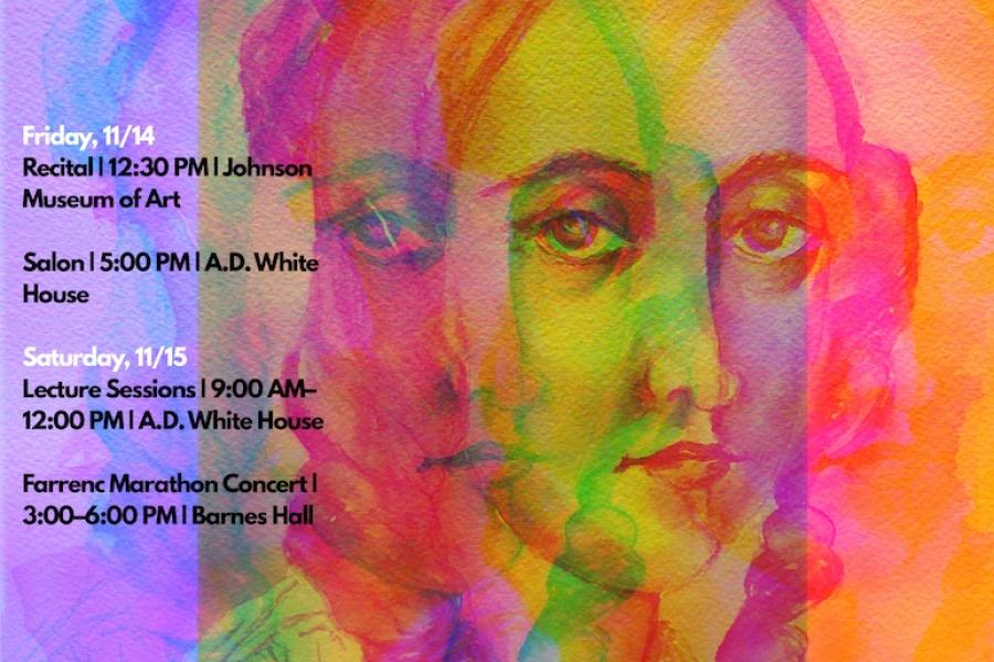 Event poster in bright purple, pink and orange hues: Louise Farrence at 150