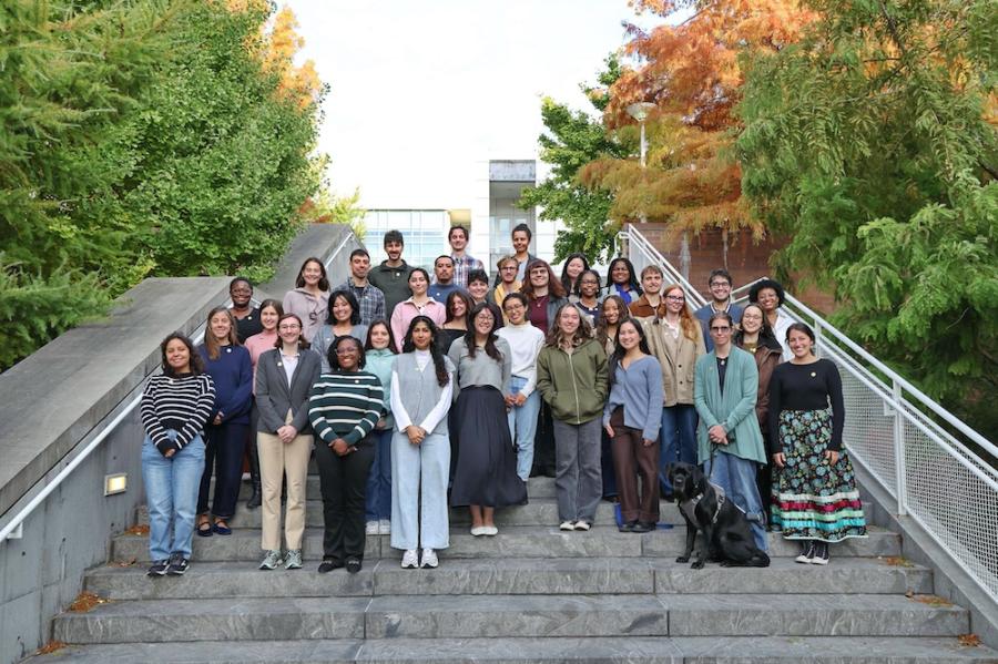 a few dozen people stand on an outdoor staircase