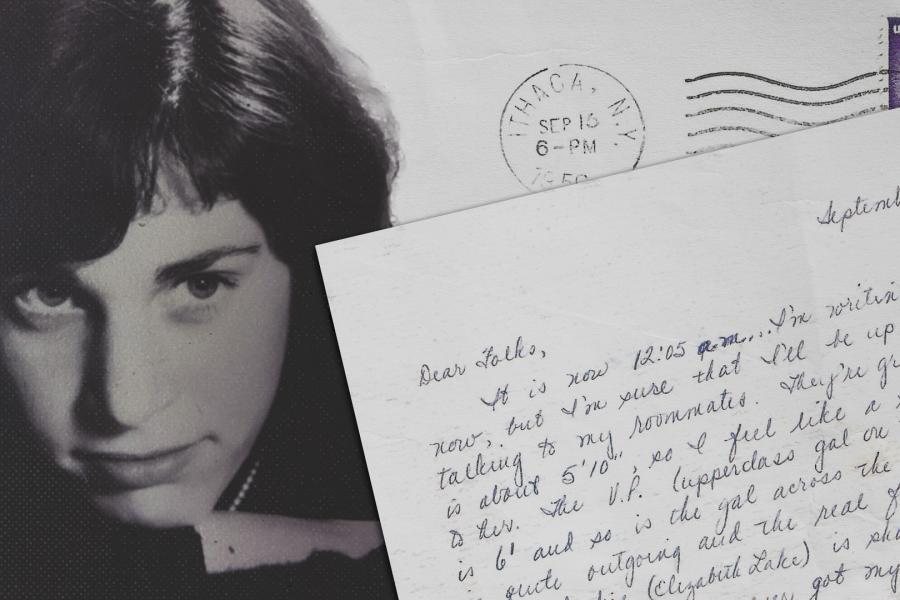 Black and white image of a college student's face next to an image of a hand-written letter