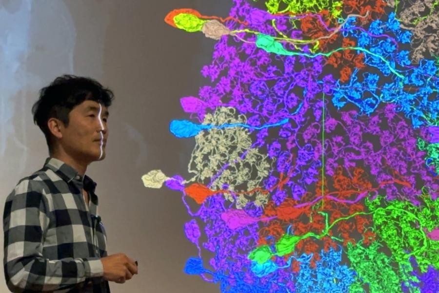 Man with checkered shirt standing in front of a screen with a multi-colored quilt of neurons