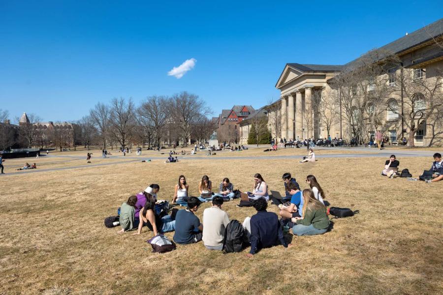 Students meeting in a group on the Arts Quad