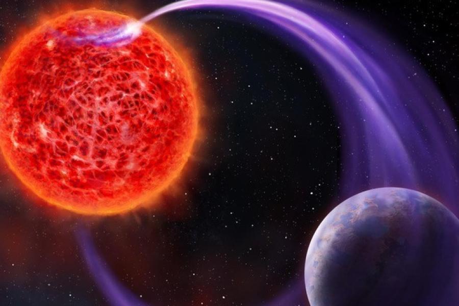 A red star and an earth-like planet with purple lines between them (illustration)