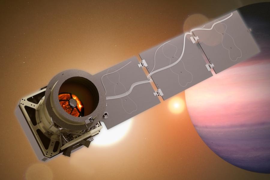 Artist's illustration of the Pandora spacecraft with an exoplanet and two stars in the background