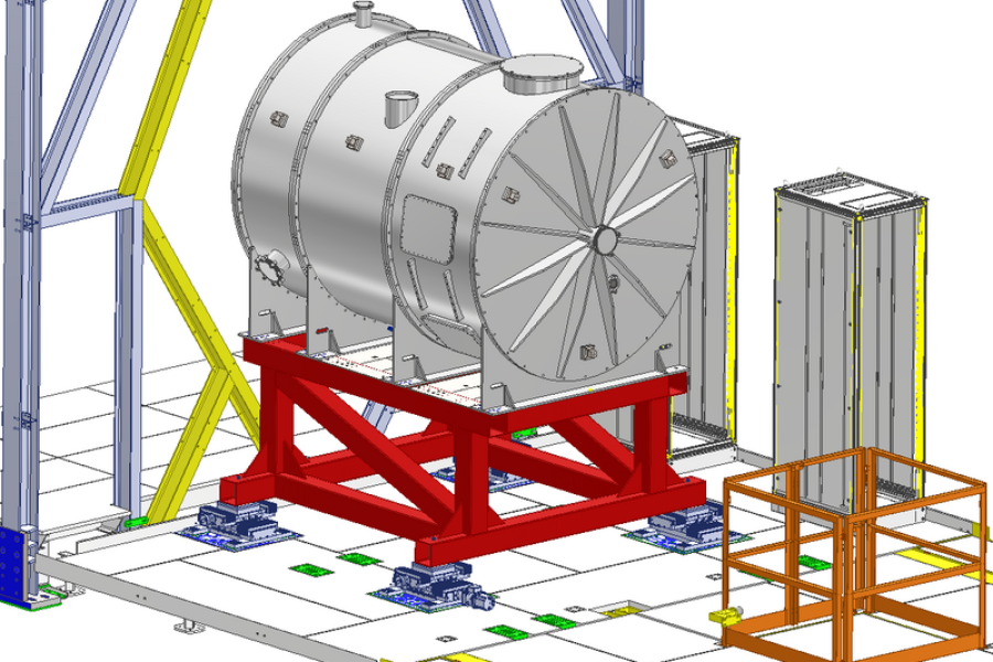 Technical drawing of a silver cylindrical structure atop a rectangular red base