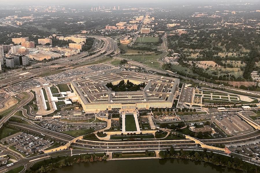 Aeriel view of a building complex; the center structure is pentagonal