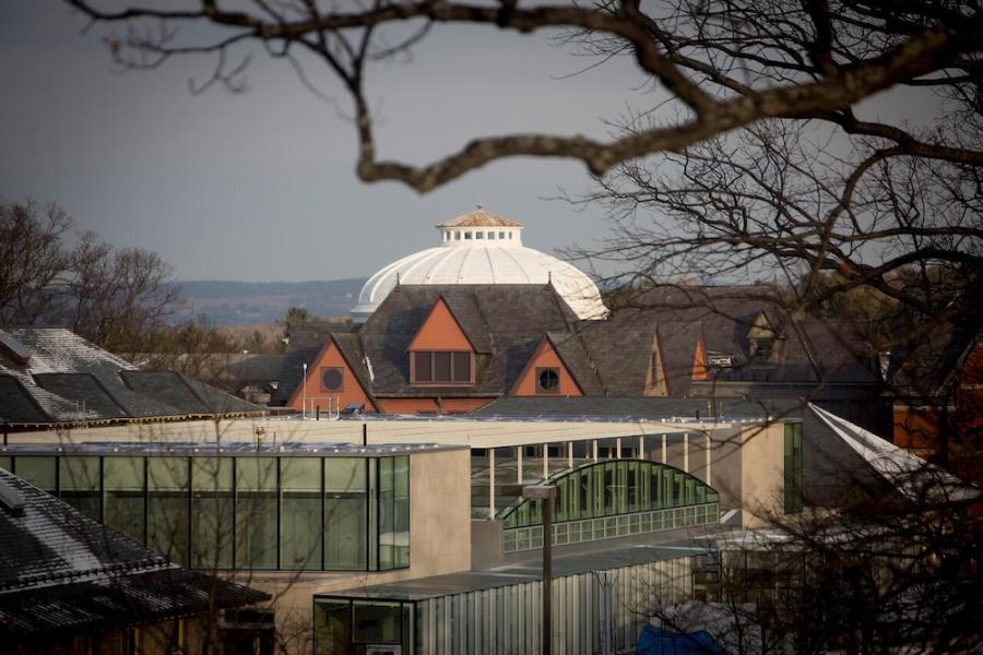 Three college campus buildings of various architectural types receed into the distance under a grey sky and a bare branch