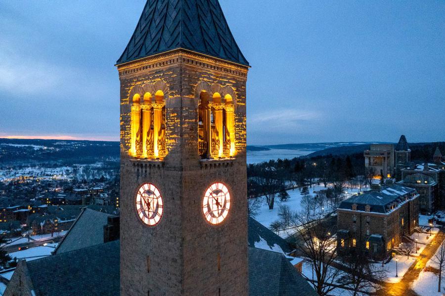 Clock tower with heart shaped light in the clock