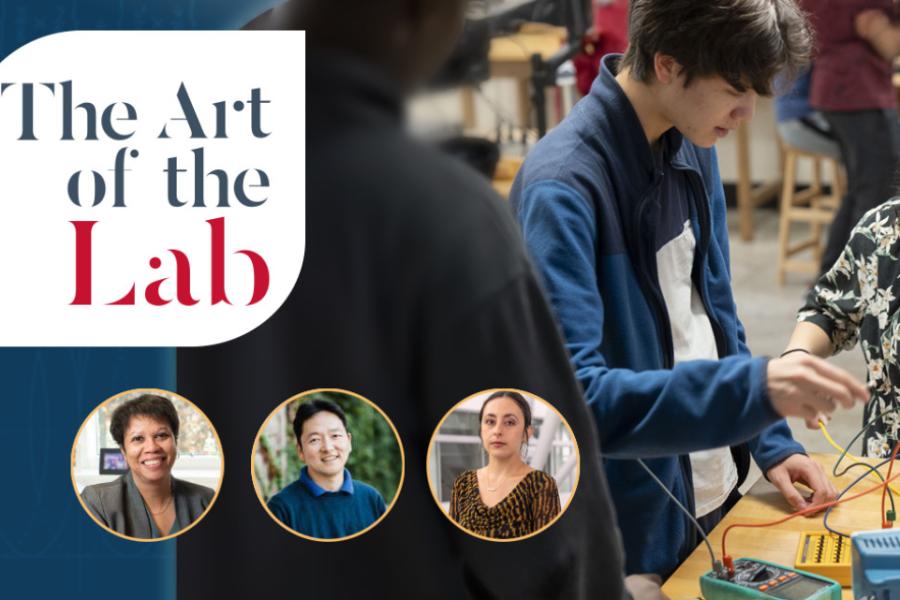 Two students connecting wires on a lab table