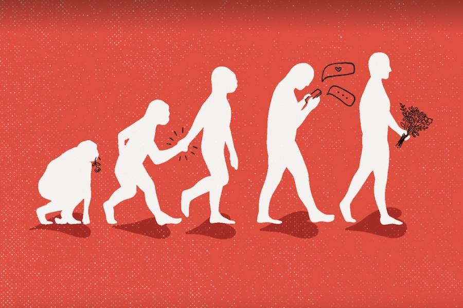 Illustration parody of an ape evolving into a human–holding a bouquet of flowers