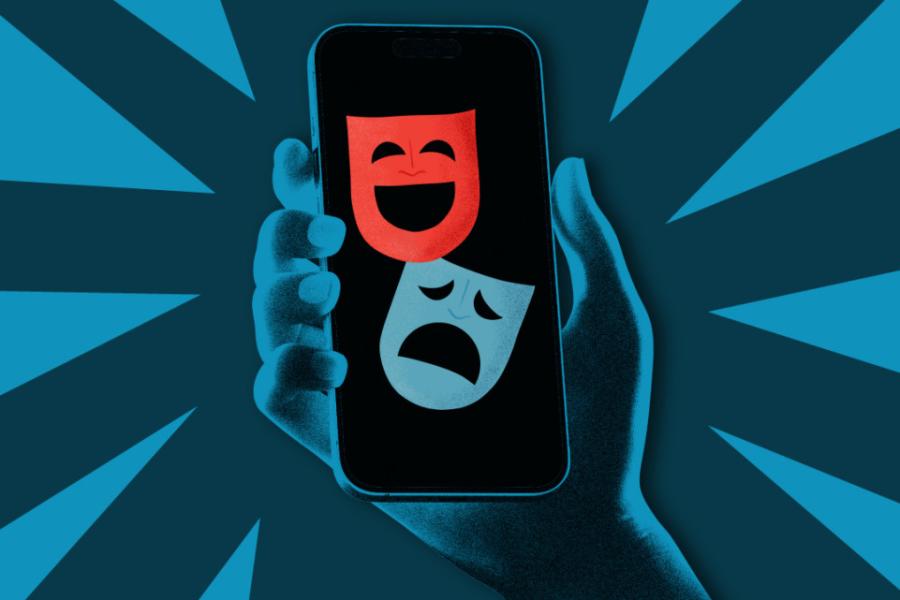 Illustration of a hand, shown in blue, holding a phone screen showing a red comedy mask and a blue tragedy mask