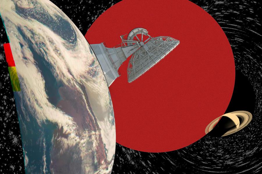 Decorative illustration featuring parts of planet Earth, a round red circle, and Saturn, on the black and white textured background